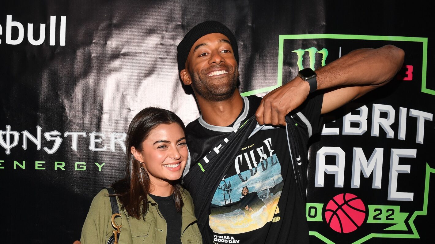 Rachael Kirkconnell and Matt James attend the Monster Energy BIG3 Celebrity Basketball Game at State Farm Arena on August 21, 2022 in Atlanta, Georgia.