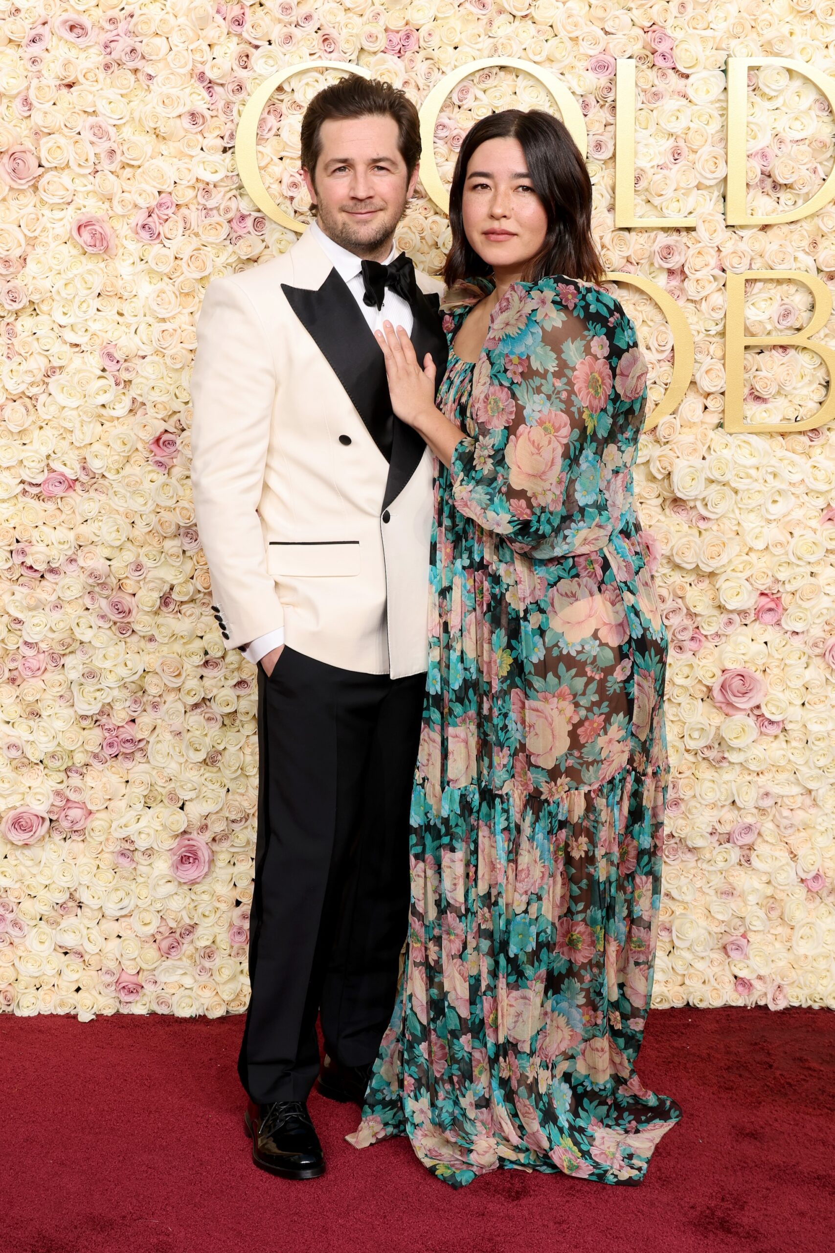 Michael Angarano and Maya Erskine attend the 82nd Annual Golden Globe Awards at The Beverly Hilton on January 05, 2025 in Beverly Hills, California.
