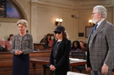 Wendie Malick as Julianne Walters, Mayim Bialik as Herself, John Larroquette as Dan Fielding in 'Night Court' Season 3 Episode 5 - 'Mayim Worst Enemy'