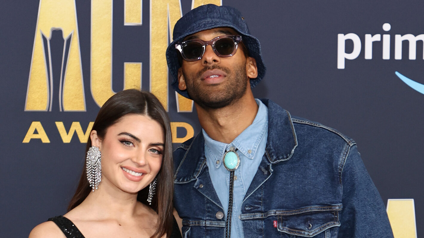 LAS VEGAS, NEVADA - MARCH 07: (L-R) Rachael Kirkconnell and Matt James attend the 57th Academy of Country Music Awards at Allegiant Stadium on March 07, 2022 in Las Vegas, Nevada.