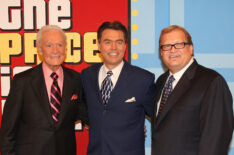 Bob Barker, announcer Rich Fields and host Drew Carey speak during a segment of 'The Price Is Right'