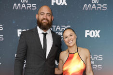 Travis Browne and Ronda Rousey attend FOX's Stars On Mars 'The Mars Bar' VIP red carpet press preview at Scum and Villainy Cantina on June 01, 2023 in Hollywood, California.