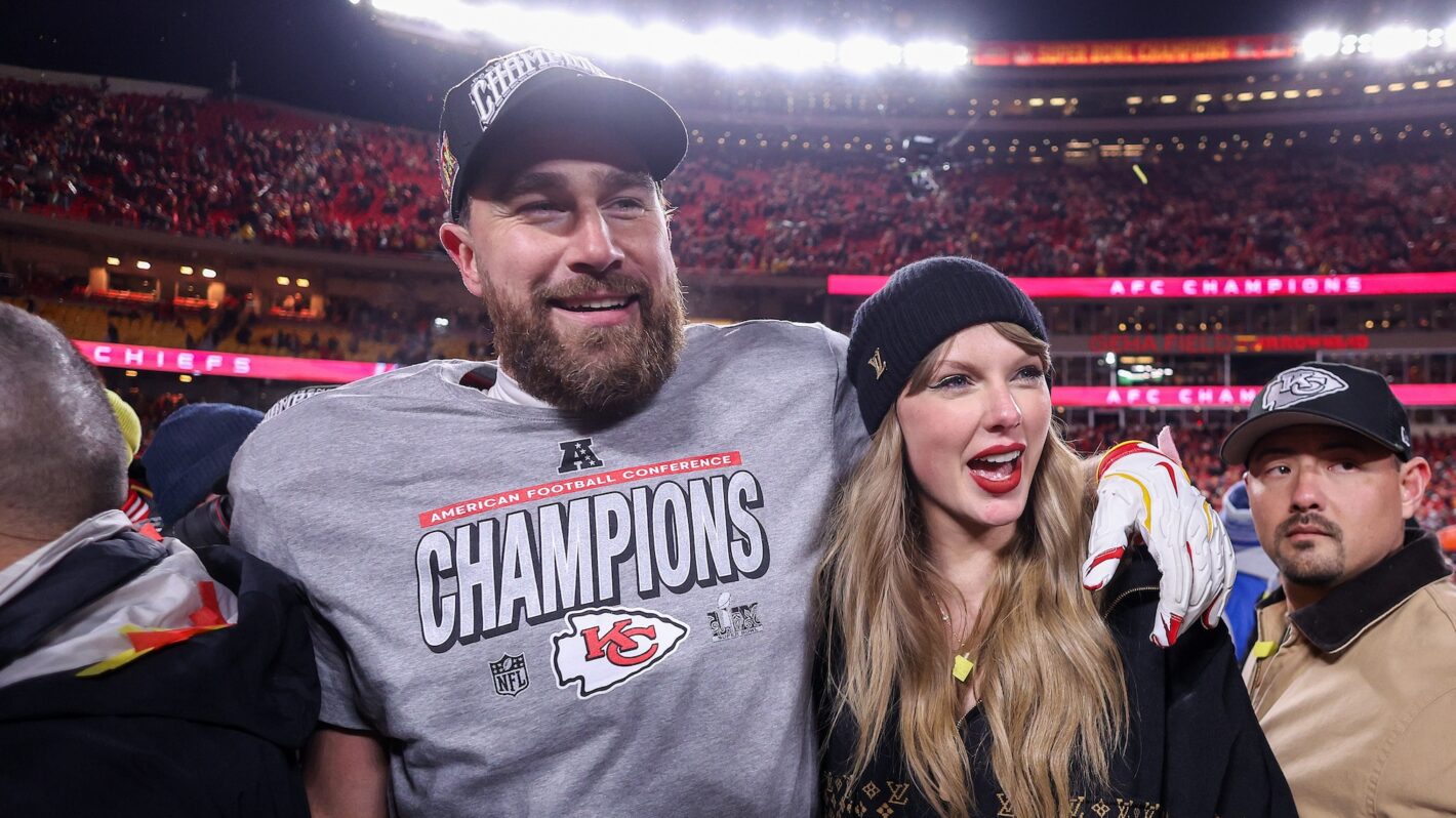 aylor Swift celebrates with Travis Kelce #87 of the Kansas City Chiefs after defeating the Buffalo Bills 32-29 in the AFC Championship Game at GEHA Field at Arrowhead Stadium on January 26, 2025 in Kansas City, Missouri.