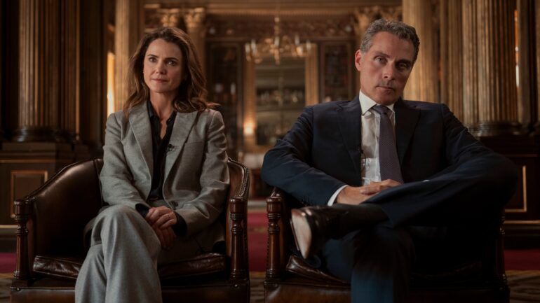 Keri Russell as Kate Wyler, Rufus Sewell as Hal Wyler in 'The Diplomat' Season 3 Episode 5