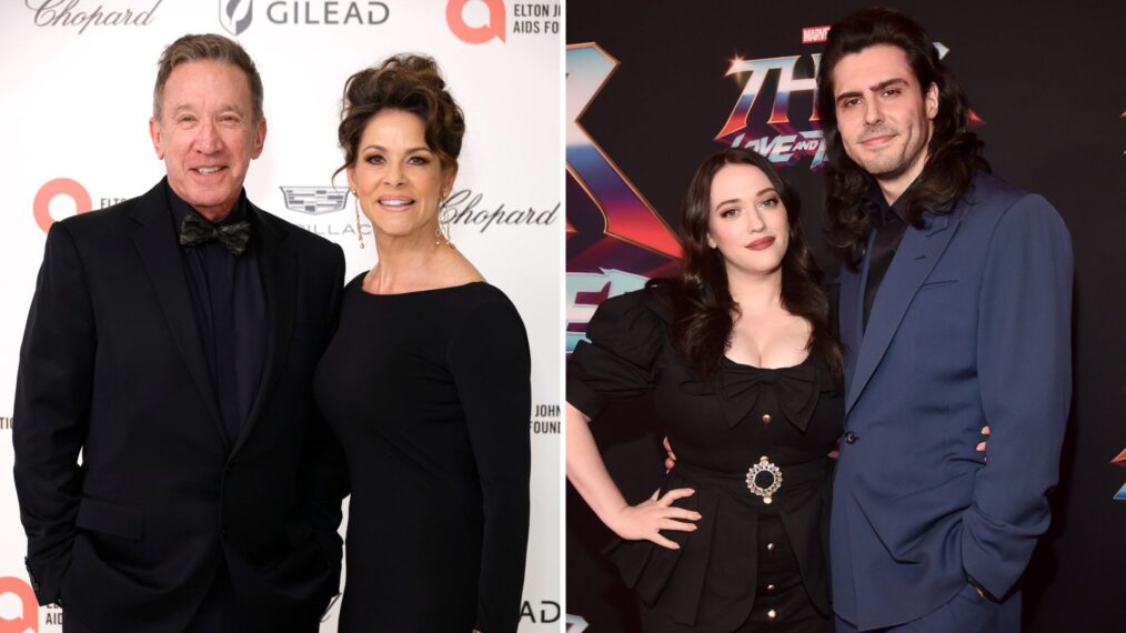 WEST HOLLYWOOD, CALIFORNIA - MARCH 10: (L-R) Tim Allen and Jane Allen attend the Elton John AIDS Foundation's 32nd Annual Academy Awards Viewing Party on March 10, 2024 in West Hollywood, California and LOS ANGELES, CALIFORNIA - JUNE 23: (L-R) Kat Dennings and Andrew W.K. attend the Thor: Love and Thunder World Premiere at the El Capitan Theatre in [Hollywood], California on June 23, 2022.