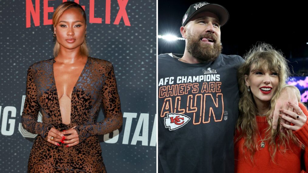 Kayla Nicole attends the Los Angeles Premiere of Netflix's 'Starting 5”, Travis Kelce and Taylor Swift celebrate after the AFC Championship Game in January 2024.