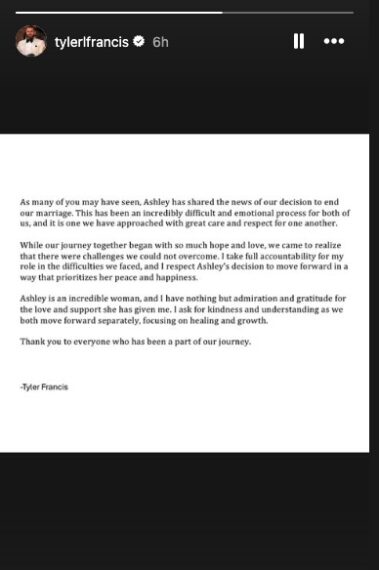 tyler francis statement about ashley adionser split