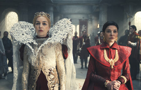 Olivia Williams as Queen Morgase Trakand, Shohreh Aghdashloo as Elaida do Avriny a’Roihan in 'The Wheel of Time' Season 3