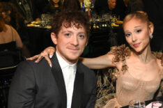 Ethan Slater, Ariana Grande and a guest attend FIJI Water at The 30th Critics Choice Awards at Barker Hangar on February 07, 2025 in Santa Monica, California.