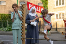 Linda Bassett as Nurse Crane, Rebecca Gethings as Sister Veronica, and Edward Shaw as Teddy Turner in ‘Call the Midwife’ Season 14 Episode 5