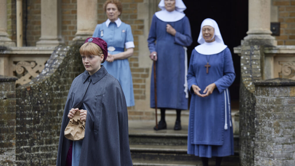 Natalie Quarry as Rosalind Clifford, Linda Bassett as Nurse Crane, Judy Parfitt as Sister Monica Joan, and Jenny Agutter as Sister Julienne in ‘Call the Midwife’ Season 14 Episode 3