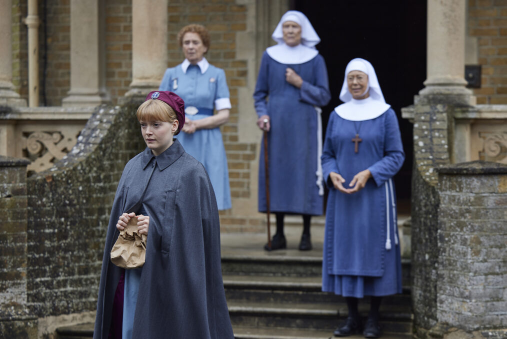 Natalie Quarry as Rosalind Clifford, Linda Bassett as Nurse Crane, Judy Parfitt as Sister Monica Joan, and Jenny Agutter as Sister Julienne in ‘Call the Midwife’ Season 14 Episode 3