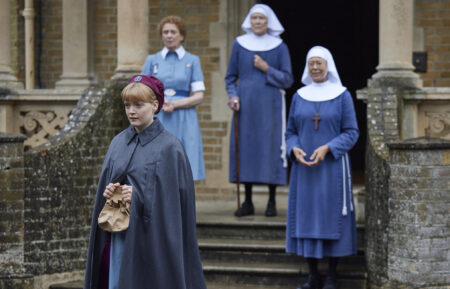 Natalie Quarry as Rosalind Clifford, Linda Bassett as Nurse Crane, Judy Parfitt as Sister Monica Joan, and Jenny Agutter as Sister Julienne in ‘Call the Midwife’ Season 14 Episode 3