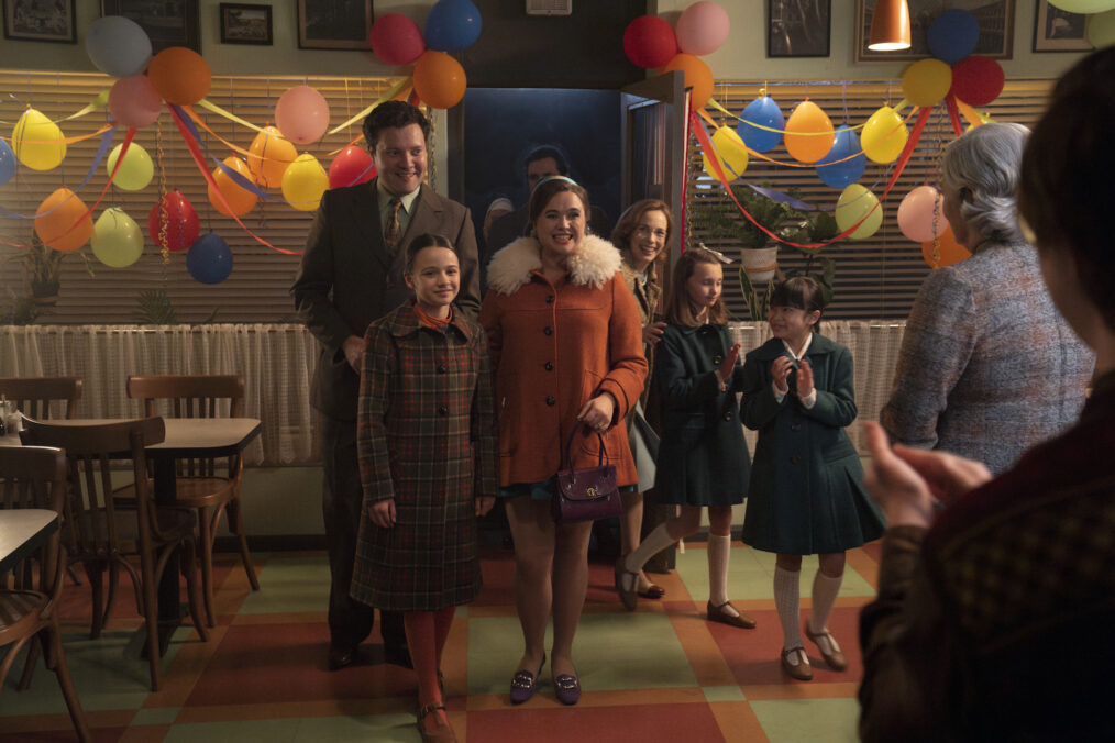 Roger Noble (Conor O'Donnell), Colette Corrigan (Francesca Fullilove), Nancy Corrigan (Megan Cusack), Shelagh Turner (Laura Main), Angela Turner (Alice Brown), and May Tang (April Rae Hoang) in 'Call the Midwife' Season 14