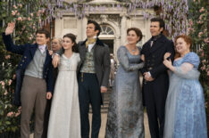 Will Tilston as Gregory Bridgerton, Florence Hunt as Hyacinth Bridgerton, Luke Thompson as Benedict Bridgerton, Ruth Gemmell as Lady Violet Bridgerton, Luke Newton as Colin Bridgerton, Nicola Coughlan as Penelope Featherington in 'Bridgerton' Season 3