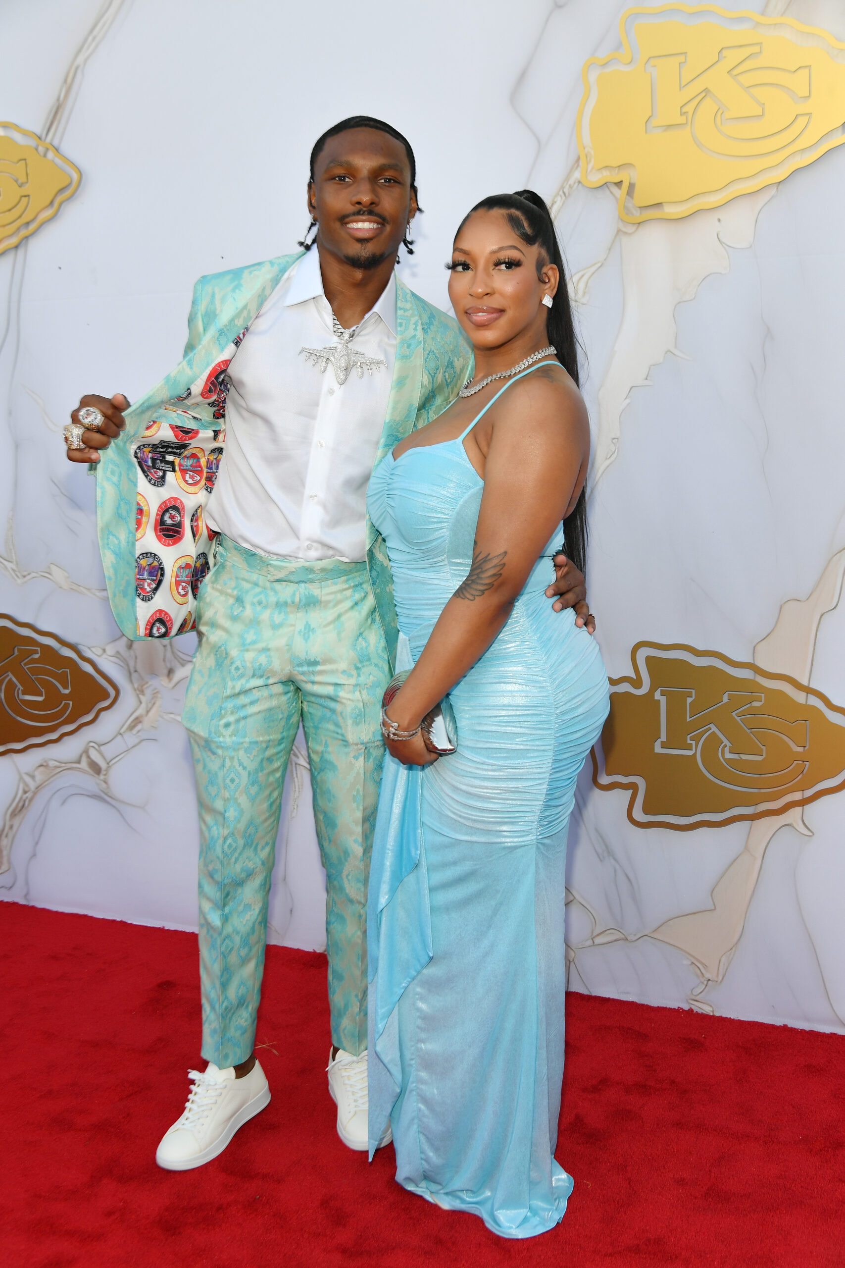Mecole Hardman and arrive on the Red Carpet prior to the Kansas City Chiefs Super Bowl Ring Ceremony