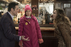 Adam Ferrara as Gene Gatto Sr., Carrie Preston as Elsbeth Tascioni, and Alyssa Milano as Pupetta Demarco in 'Elsbeth' Season 2 Episode 14 - 'Scenes from an Italian Restaurant'