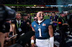 Jalen Hurts #1 of the Philadelphia Eagles celebrates after Philadelphia beat Kansas City 40-22 to win Super Bowl LIX
