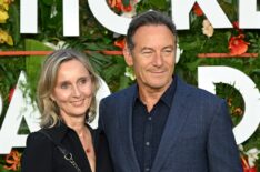 Emma Hewitt and Jason Isaacs attend the World Premiere of 'Ticket to Paradise' at Odeon Luxe Leicester Square on September 07, 2022 in London, England.