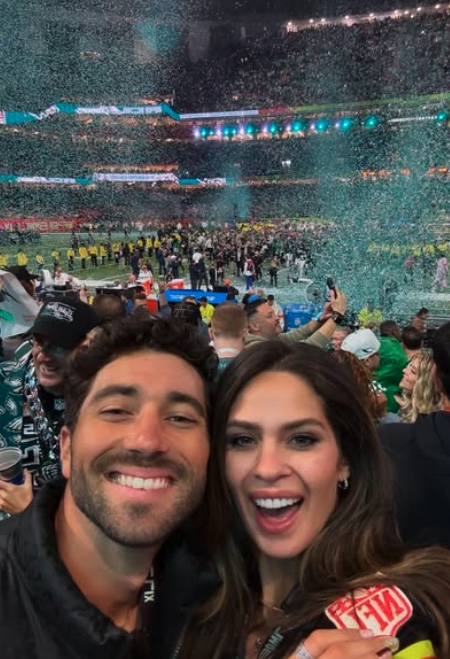 Joey Graziadei and Kelsey Anderson at Super Bowl 2025
