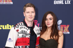 Josef Newgarden and Ashley Newgarden attend the purple carpet during the Super Bowl LIX