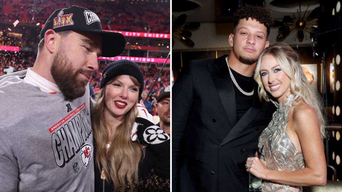 Taylor Swift celebrates with Travis Kelce #87 of the Kansas City Chiefs after defeating the Buffalo Bills, Patrick Mahomes and Brittany Mahomes attend the Sports Illustrated Swimsuit 2024 Issue Release