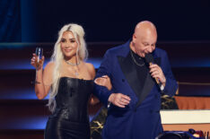 Kim Kardashian and Jeff Ross speak onstage during G.R.O.A.T The Greatest Roast Of All Time: Tom Brady for the Netflix is a Joke Festival