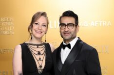 Emily V. Gordon and Kumail Nanjiani attend the 31st Annual Screen Actors Guild Awards at Shrine Auditorium and Expo Hall on February 23, 2025 in Los Angeles, California.