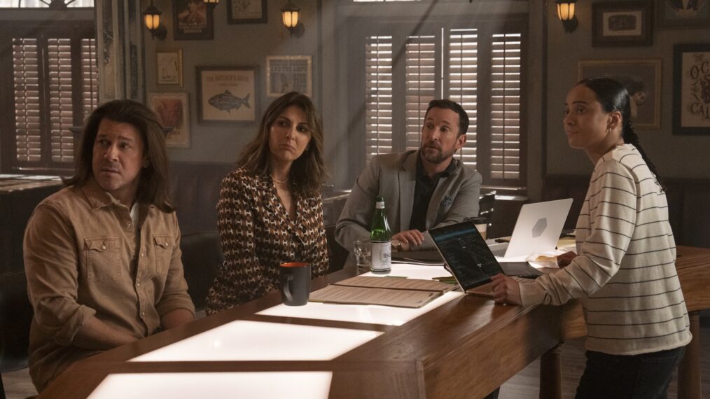 Christian Kane as Eliot, Gina Bellman as Sophie, Noah Wyle as Harry, and Aleyse Shannon as Breanna — 'Leverage: Redemption' Season 3