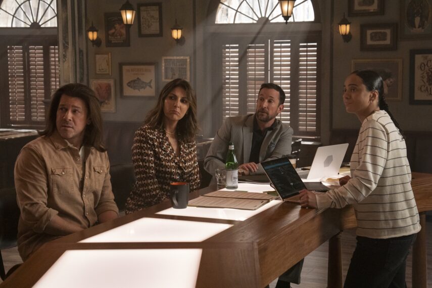Christian Kane as Eliot, Gina Bellman as Sophie, Noah Wyle as Harry, and Aleyse Shannon as Breanna — 'Leverage: Redemption' Season 3