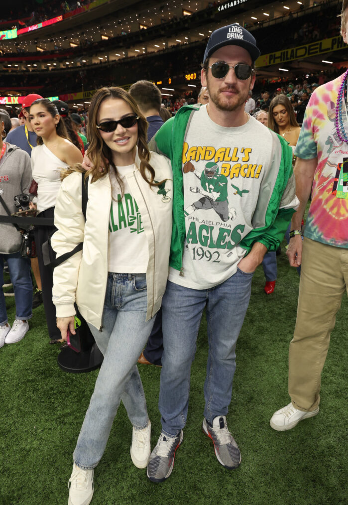 Keleigh Sperry Teller and Miles Teller attend the Super Bowl LIX Pregame