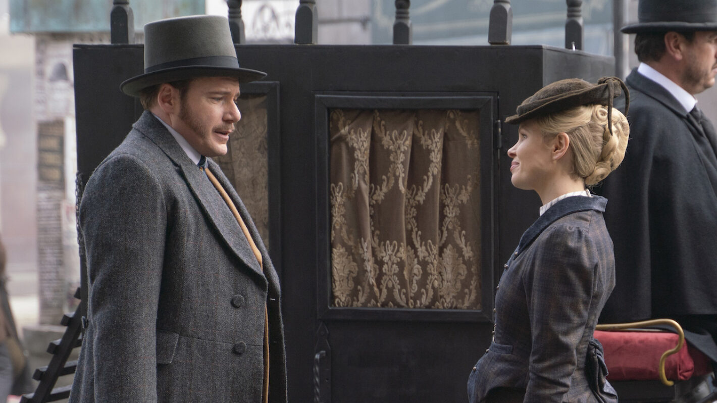 Felix Scott as Patrick Nash and Kate Phillips as Eliza Scarlet in 'Miss Scarlet' Season 5 Episode 4 - 'The Deal'