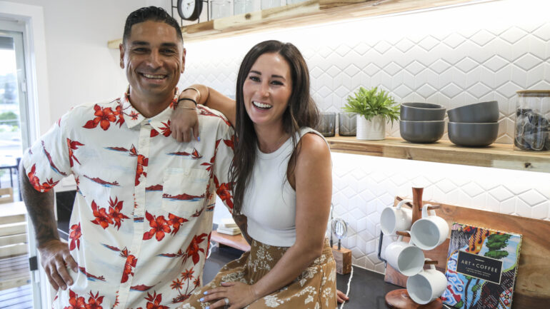 Kamohai (left) and Tristyn (right) in the finished coffee area, as seen on Renovation Aloha, Season 1.