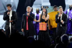 Bad Bunny, Chris Parnell, Lady Gaga, and Andy Samberg performing at 'SNL50: The Homecoming Concert'
