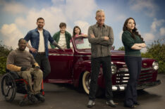 Daryl 'Chill' Mitchell as Stitch, Seann William Scott as Gabriel, Maxwell Simkins as Carter, Barrett Margolis as Georgia, Tim Allen as Matt, and Kat Dennings as Riley in Shifting Gears