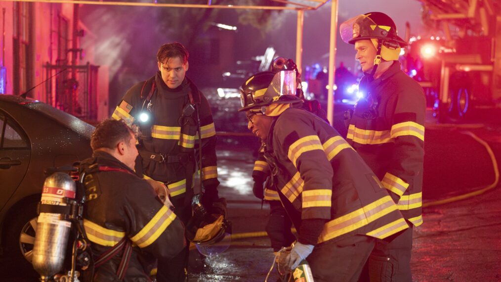 Oliver Stark as Buck, Ryan Guzman as Eddie, Aisha Hinds as Hen, and Peter Krause as Bobby — '9-1-1' Season 8 Episode 9 