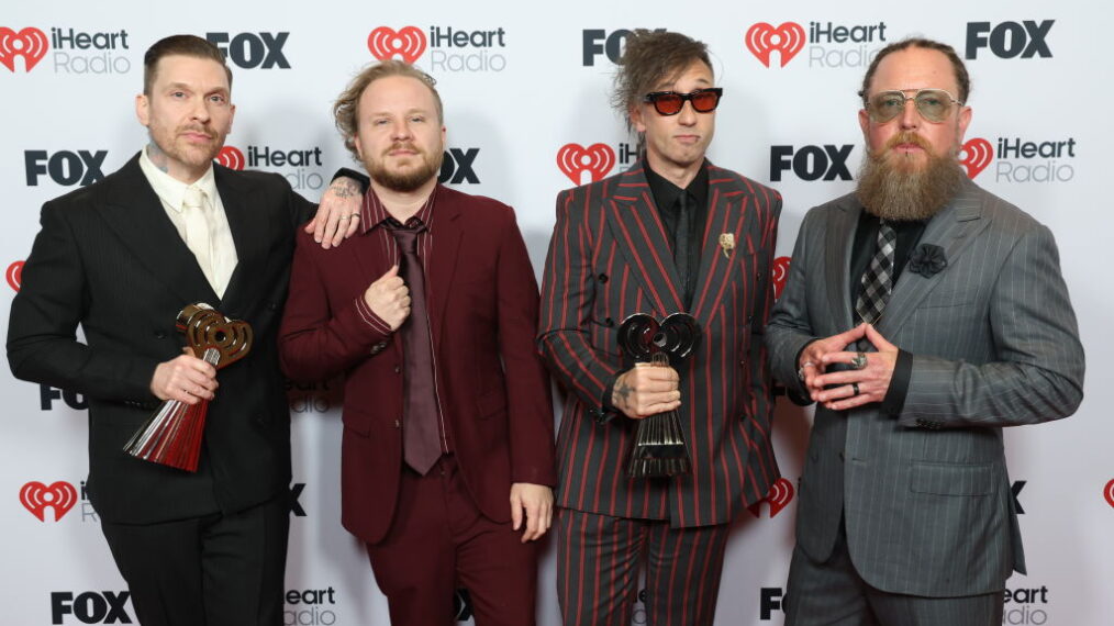 Brent Smith, Zach Myers, Eric Bass and Barry Kerch of Shinedown, winners of Rock Song of the Year and Rock Album of the Year, attend the Winners Walk at the 2025 iHeartRadio Music Awards at Dolby Theatre in Los Angeles, California on March 17, 2025. Broadcasted live on FOX. (Photo by Phillip Faraone/Getty Images for iHeartRadio)