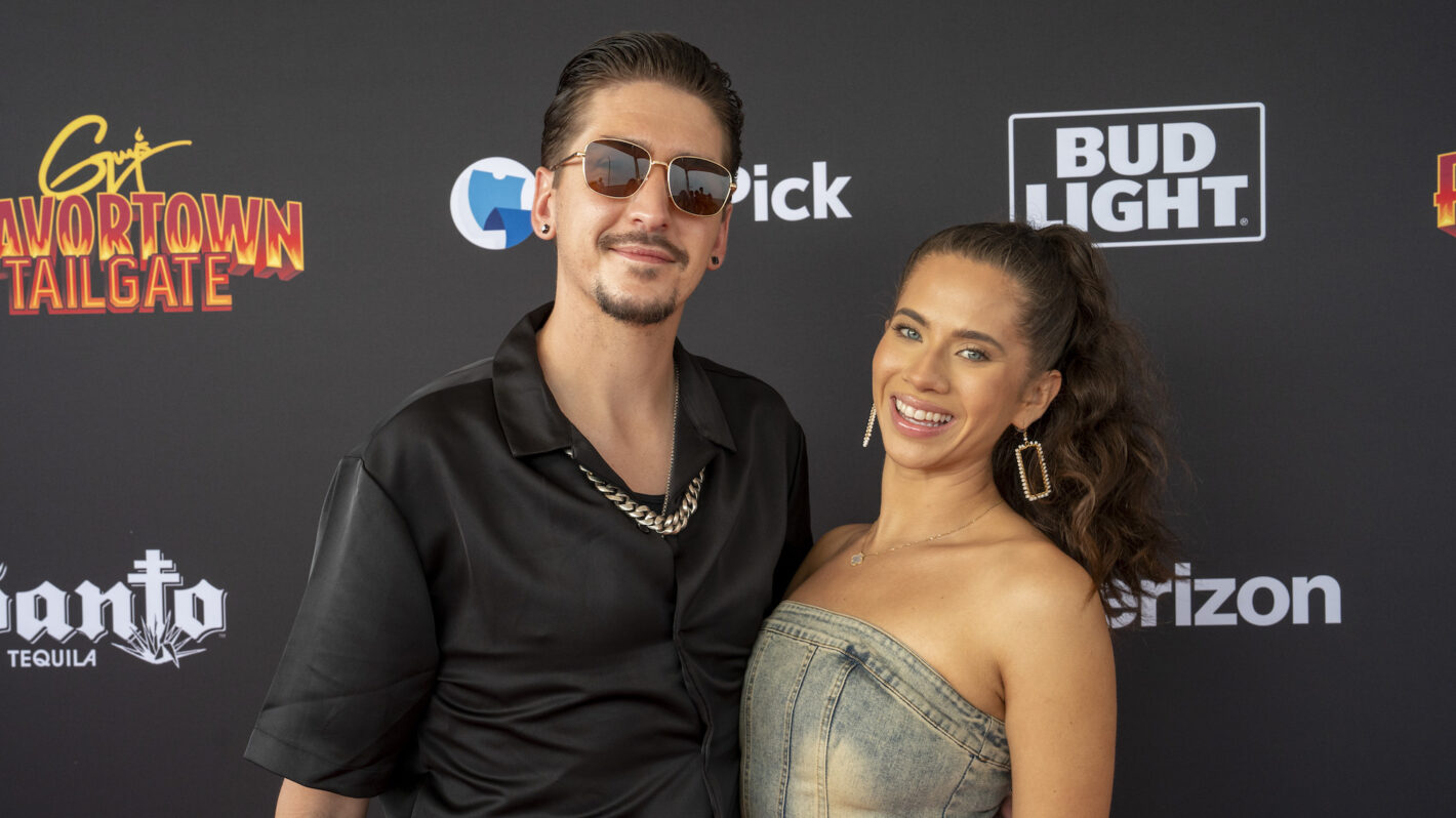 Internet personality and Guy Fieri's son Hunter Fieri with Tara Bernstein arrives at Guy Fieri's Flavortown Tailgate Party at Mardi Gras World on February 9, 2025 in New Orleans, Louisiana.