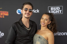 Internet personality and Guy Fieri's son Hunter Fieri with Tara Bernstein arrives at Guy Fieri's Flavortown Tailgate Party at Mardi Gras World on February 9, 2025 in New Orleans, Louisiana.