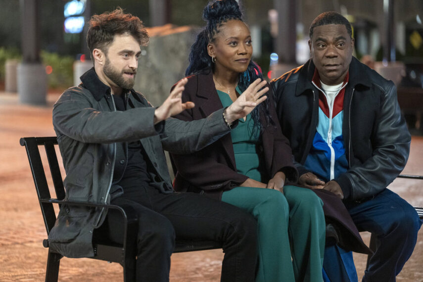THE FALL AND RISE OF REGGIE DINKINS -- "Pilot" Episode 101 -- Pictured: (l-r) Daniel Radcliffe as Arthur Tobin, Erika Alexander as Monica,Tracy Morgan as Reggie Dinkins -- (Photo by: Scott Gries/NBC)