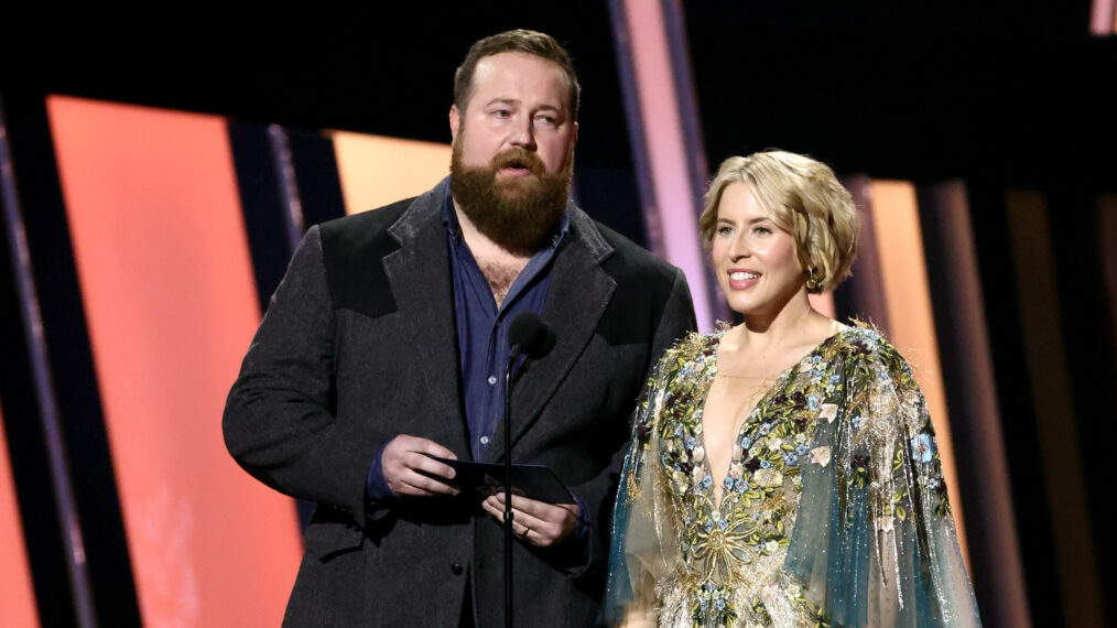 Ben Napier and Erin Napier speak onstage at The 56th Annual CMA Awards at Bridgestone Arena on November 09, 2022 in Nashville, Tennessee.