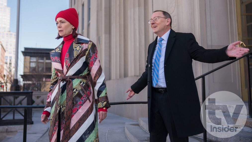 Michael Emerson as Judge Crawford and Carrie Preston as Elsbeth Tascioni in 'Elsbeth' Season 2 Episode 18 - 'I Know What You Did Thirty-Three Summers Ago'