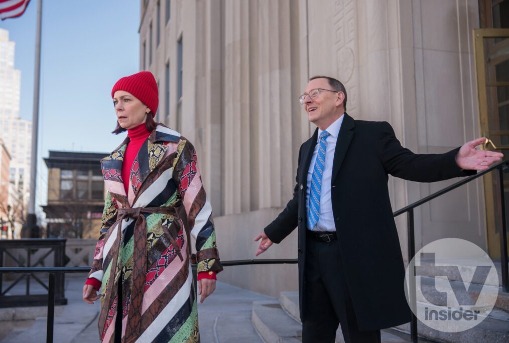 Michael Emerson as Judge Crawford and Carrie Preston as Elsbeth Tascioni in 'Elsbeth' Season 2 Episode 18 - 'I Know What You Did Thirty-Three Summers Ago'