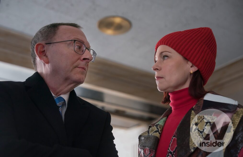 Michael Emerson as Judge Crawford and Carrie Preston as Elsbeth Tascioni in 'Elsbeth' Season 2 Episode 18 - 'I Know What You Did Thirty-Three Summers Ago'