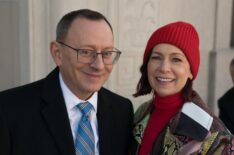 Michael Emerson as Judge Crawford and Carrie Preston as Elsbeth Tascioni behind the scenes of 'Elsbeth' Season 2 Episode 18 - 'I Know What You Did Thirty-Three Summers Ago'