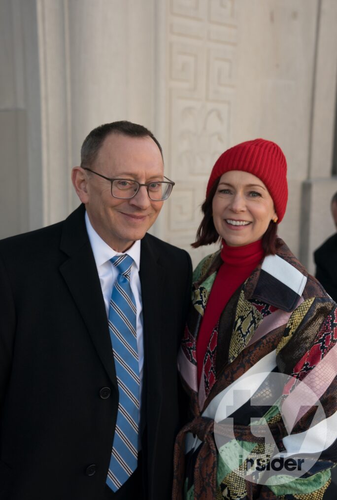 Michael Emerson as Judge Crawford and Carrie Preston as Elsbeth Tascioni behind the scenes of 'Elsbeth' Season 2 Episode 18 - 'I Know What You Did Thirty-Three Summers Ago'