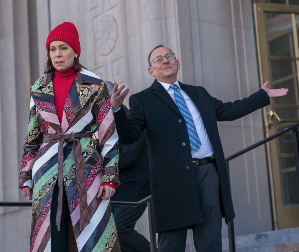 Carrie Preston as Elsbeth Tascioni and Michael Emerson as Judge Milton Crawford in 'Elsbeth' Season 2 Episode 18 - 'I Know What You Did Thirty-Three Summers Ago'