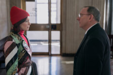 Carrie Preston as Elsbeth Tascioni and Michael Emerson as Judge Milton Crawford in 'Elsbeth' Season 2 Episode 18 - 'I Know What You Did Thirty-Three Summers Ago'