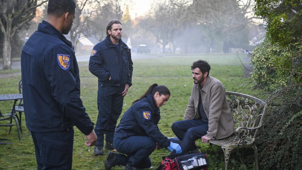 Jordan Calloway as Jake Crawford, Max Thieriot as Bode Leone, Stephanie Arcila as Gabriela Perez, and Blake Lee as Finn — 'Fire Country' Season 3 Episode 14 "Death Trap"