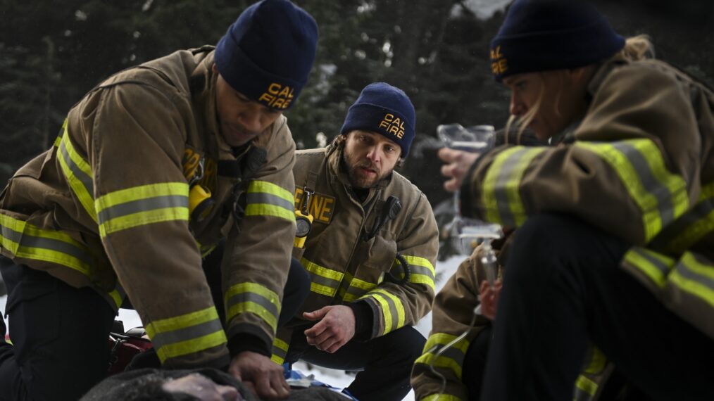 Jordan Calloway as Jake Crawford, Max Thieriot as Bode Leone, and Leven Rambin as Audrey James — 'Fire Country' Season 3 Episode 17 